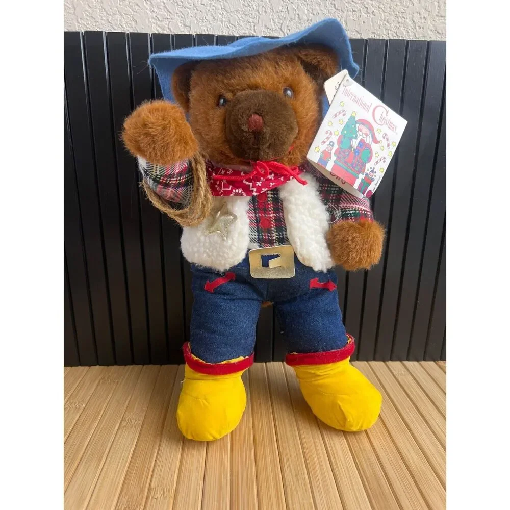 Vintage 1993 Christmas Cowboy Bear Plush Western Holiday Teddy Stuffed Animal